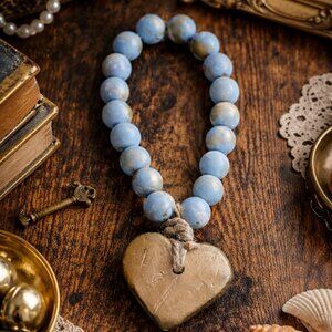 ceramic Bead Garland with Gold Heart Pendant – Rustic Farmhouse Boho Decor